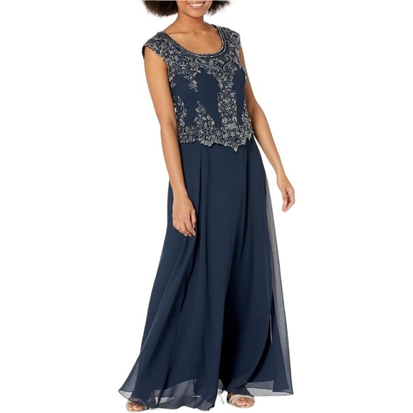 NEW J Kara Navy Mock 2 Piece Beaded Bodice Cap Sleeve Long Fit & Flare Dress - Picture 2 of 15